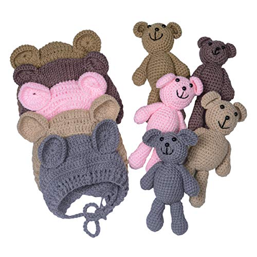 Product Cover EUDORA Newborn Baby Bear Doll Beanie Hat for Infant Photography Props Knitting Crochet Outfit Khaki