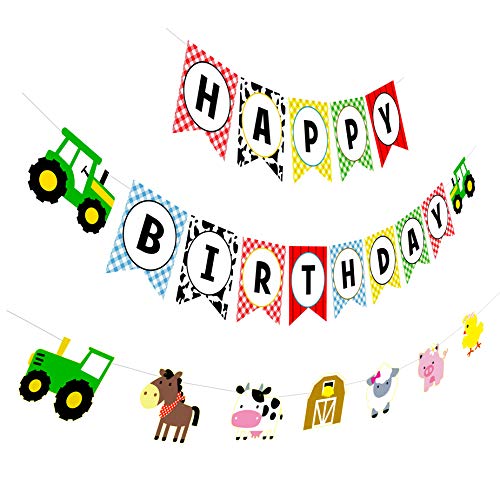 Product Cover Farm Birthday Banner, Tractor Happy Birthday Sign with Animal Garland, Rustic Bday Party Decorations