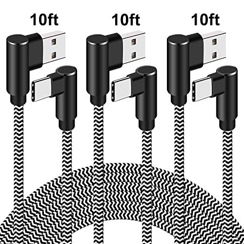 Product Cover USB Type C Cable Fast Charging 10 ft 90 Degree C USB Charger Cable Right Angle 3 Pack Nylon Braided C Charge Cord Compatible Galaxy S10 S9 S8 Plus,LG V30 V20,Nintendo Switch (Black White,10ft)