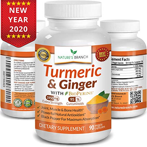 Product Cover Extra Strength Turmeric Curcumin with Ginger & BioPerine - 1950mg Joint Pain Relief Supplement for Inflammation with Black Pepper Powder Extract - Premium Made in USA Vegan Non GMO Pills - 90 Capsules