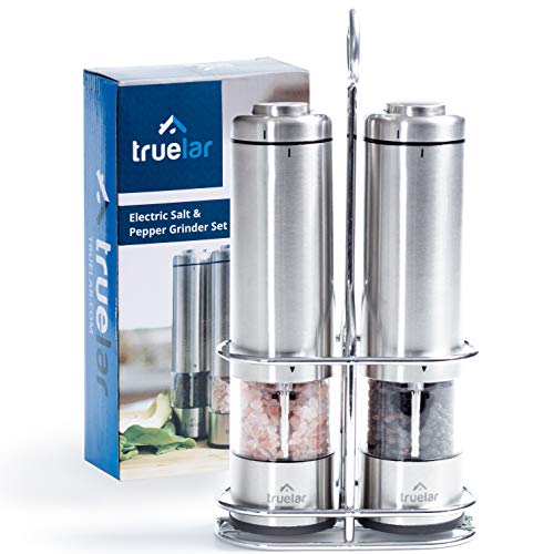 Product Cover Electric Salt & Pepper Grinder Set by Truelar | Bonus Stand & Gift Box | Stainless Steel, Battery Operated Shakers with LED Lights and Ceramic Grinders
