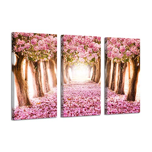 Product Cover Landscape Pictures Tree Alley Artwork: Forest Path with Pink Bloom Flowers, Paintings Print on Wrapped Canvas for Wall Arts Set