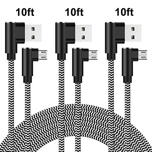 Product Cover Micro USB Cable 10ft 90 Degree USB Charging Cable Android Charger Right Angle 3 Pack Nylon Braided Fast Charger Cord for Samsung Galaxy S7 S6, Note 5/4/3, LG, Nexus, HTC, PS4 (Black White, 10 Feet)