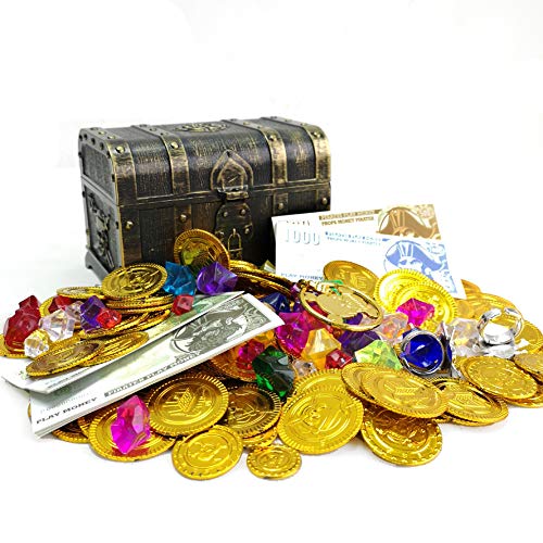 Product Cover 200+ Pieces Pirate Toys Gold Coins and Pirate Gems Pirates Rings Earrings Pearls Jewelery Play set, Treasure for Pirate Party (115 Coins+100g Gems+20 banknotes)