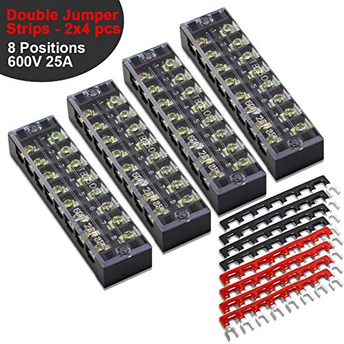 Product Cover 12 pcs (4 Sets) Terminal Block - 4 pcs 8 Positions 600V 25A Dual Row Screw Terminals Strip with Cover + 8 pcs 400V 25A 8 Positions Pre-Insulated Terminal Barrier Jumper Strips Black & Red by MILAPEAK