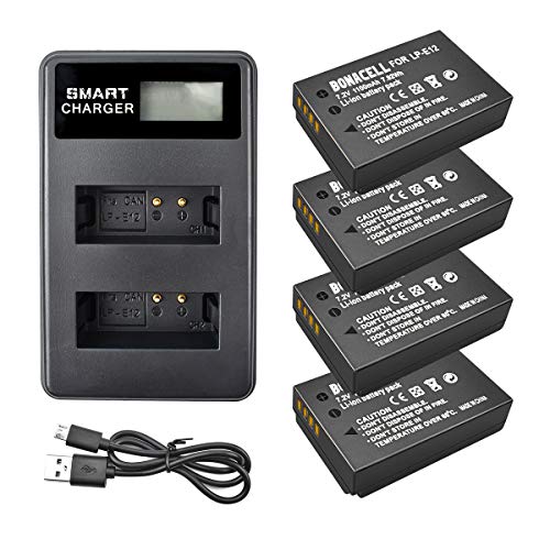 Product Cover Bonacell LP-E12 Battery 4 Pack and LCD Dual Charger Kit for Canon EOS M100, Rebel SL1, EOS100D, EOS M, EOS M2, EOS M10, EOS M50 Mirrorless Digital Camera