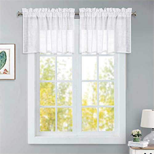 Product Cover RYB HOME Textured White Curtains Sheer Tiers for Kitchen, Rod Pocket Window Topper Semi-Sheer Drapes for Small Window, White Cafe Curtains, Wide 52 x Long 18 inch per Panel, 1 Pair