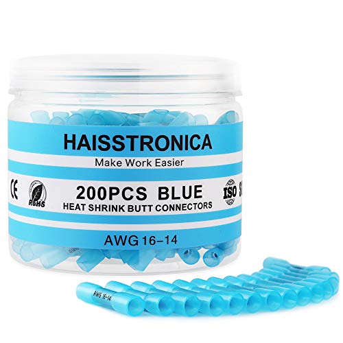 Product Cover Haisstronica 200PCS Blue Heat Shrink Butt Connectors- Waterproof butt Connectors-Insulated Electrical Wire Connectors-Crimp Connectors For Watercraft,Electrical,Electronics,Automotive Butt Splice16-14