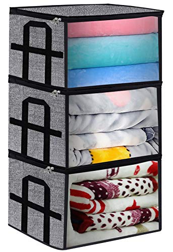 Product Cover Foldable Large Comforter Storage Bags Organizers, Breathable Linen Closet Organizers for Blankets, Clothes, Create Extra Storage with Clear Window, Set of 3 Black with Printing