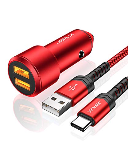 Product Cover JSAUX Car Charger Compatible for Samsung Galaxy S10/S10 Plus/S9/S9 Plus/S8/S8 Plus/Note 10/9/8, LG, Moto -3A Dual Quick Charge 3.0 Ports 36W Metal Fast USB Car Adapter with Type C Charging Cable Red