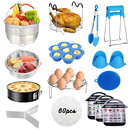 Product Cover Accessories for Instant Pot,Accessories Compatible with 5/6/8Qt Instant Pot - 60 Pcs Cake Baking Papers,2 Steamer Baskets,Non-stick Springform Pan,Egg Rack,Egg Bites Mold,Kitchen Tong,Dish Plate Clip