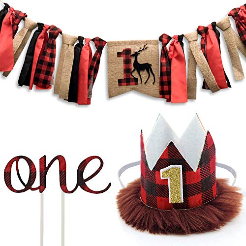 Product Cover Jblcc Pack of 3 - Lumberjack First Birthday Highchair Banner - Buffalo Check First Birthday Crown - Buffalo Plaid 1st Birthday Cake Topper - Lumberjack/Buffalo Plaid Baby Boy First Birthday