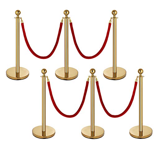Product Cover Mophorn 6Pack Gold Stanchion Post Queue Rope Barriers 4 Red Velvet Ropes 38In Crowd Control Barrier Queue Line