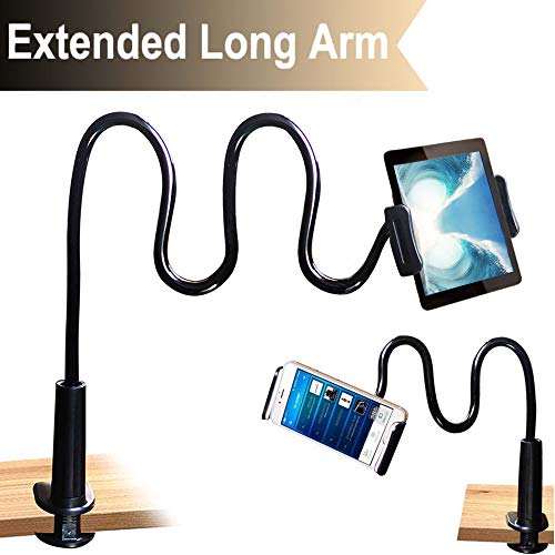 Product Cover Cellphone & Tablet 2 in 1 Stand Holder Clip with Grip Flexible Long Arm Gooseneck Bracket Mount Clamp Compatible with Pad/iPhone X/8/7/6/6s Plus Samsung S8/S7 Amazon Kindle Fire HD and More- Black