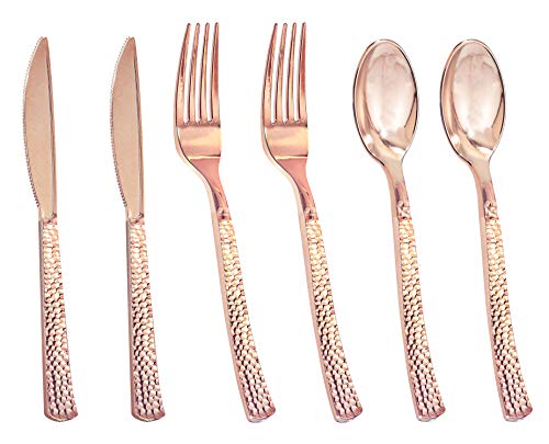 Product Cover NERVURE 300 Piece Rose Gold Hammered Plastic Silverware Set, Heavyweight Disposable Plastic cutlery (100 Forks,100 Knives,100 Spoons) Perfect for Parties, Weddings & Catering Events (Rose gold)