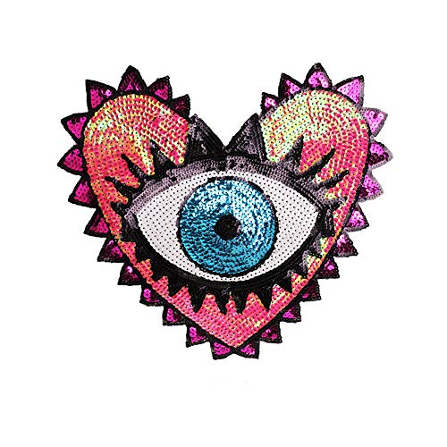 Product Cover Large Heart Eye Sequins Patch Heart Eye Sew on Patches Embroidered Badge Motif Applique Compatible Clothing Jeans T-Shirt (Pink)