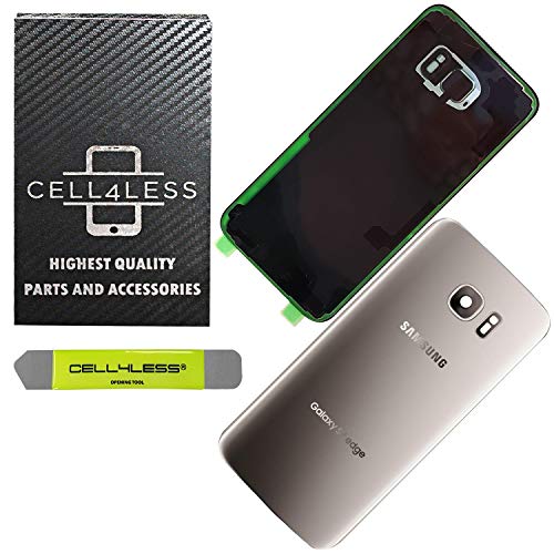 Product Cover CELL4LESS Compatible Back Glass Cover Back Door w/Installed Camera Lens, Removal Tool & Pre-Installed Adhesive Compatible with Samsung Galaxy S7 Edge- All Models G935-2 Logo -Replacement (Silver)