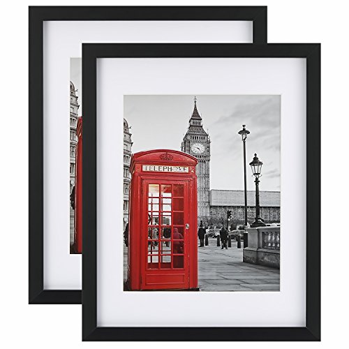 Product Cover ONE WALL Tempered Glass 2PCS 11x14 Picture Frame with Mats for 8x10, 5x7 Photo, Black Wood Frame for Wall and Tabletop - Mounting Hardware Included