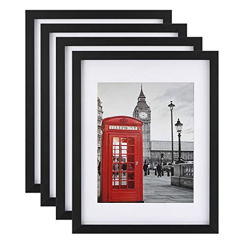 Product Cover ONE WALL Tempered Glass 11x14 Picture Frame Set of 4 with Mats for 8x10, 5x7 Photo, Black Wood Frame for Wall and Tabletop - Mounting Material Included