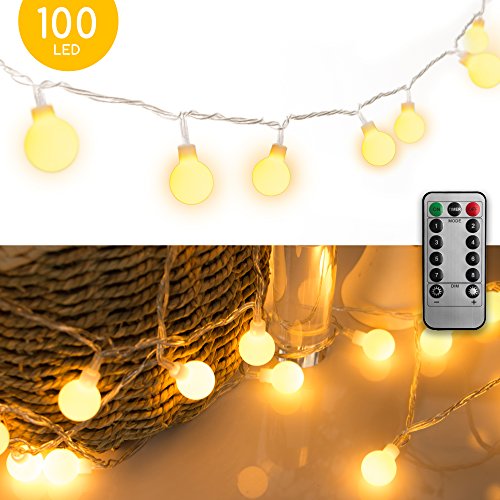 Product Cover 33 FT 100 LED Globe Ball String Lights, Fairy String Lights Plug in, 8 Modes with Remote, Decor for Indoor Outdoor Party Wedding Christmas Tree Garden, Warm White