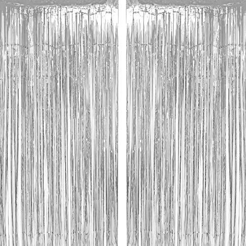 Product Cover Silver Tinsel Foil Fringe Curtains Winter Wonderland Baby Shower 1st Birthday Wedding Happy New Years Christmas Graduation Party Decor Photo Booth Props Backdrops Decorations, 2pc