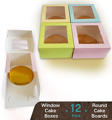 Product Cover CooKeezz Couture - Cake Boxes - Colored Window Bakery Box Auto Popup Great for Your Goodies , Cupcake - Assorted 12 Pack Boxes in 4 Decorated Pastel Colors Also Included with 12 Round Cake Boards. (8x8x5)