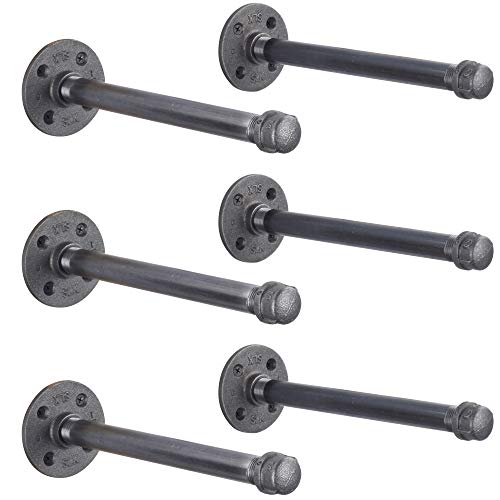 Product Cover Rustic Pipe Decor Industrial Shelf Brackets - Set of Six, Industrial Steel Grey Iron Fittings, Flanges and Pipes for Custom Floating Shelves, Vintage Hanging Wall Mounted Shelving (12 Inch Pipe)