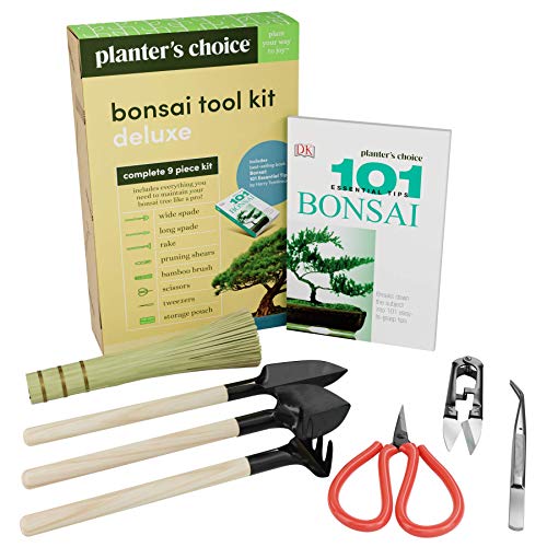 Product Cover Bonsai Tool Kit + Bonsai 101 Book - Set Includes: Wooden Rake, Long & Wide Spades, Scissors, Tweezers, Bamboo Brush, Pruning Shears (Trimmer/Clipper) in Fabric Storage Holder - Bonsai Tools