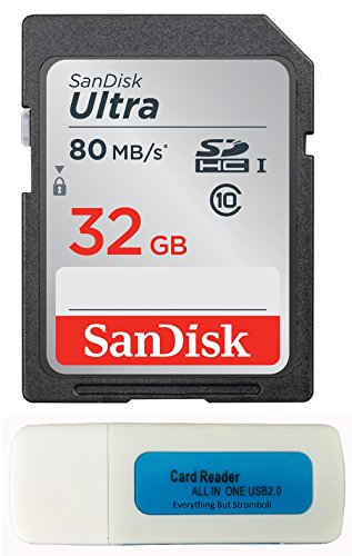 Product Cover SanDisk 32GB SDHC SD Ultra Memory Card 80mb Bundle Works with Kodak PIXPRO Astro Zoom AZ652, AZ527, AZ421, FZ152 Camera (SDSDUNC-032G-GN6IN) Plus (1) Everything But Stromboli (TM) Combo Card Reader