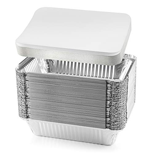 Product Cover NYHI 50-Pack Heavy Duty Disposable Aluminum Oblong Foil Pans with Lid Covers Recyclable Tin Food Storage Tray Extra-Sturdy Containers for Cooking, Baking, Meal Prep, Takeout - 8.4