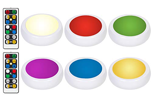 Product Cover Brilliant Evolution Wireless Color Changing LED Puck Light 6 Pack With 2 Remote Controls | LED Under Cabinet Lighting | Closet Light | Battery Powered Lights | Under Counter Lighting | Stick On Lights