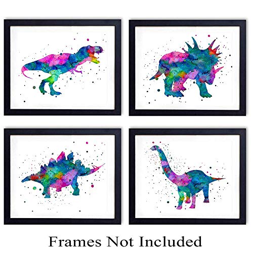 Product Cover Dinosaur Watercolor Wall Art Print - Set of Four (8x10) Unframed Photos - Perfect Gift for Boys and Kids Rooms, Nursery - Chic Home Decor