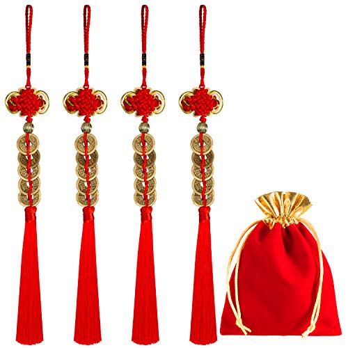 Product Cover Boao 4 Pieces Chinese Knot Lucky Coins Feng Shui Coins I-Ching Fortune Coin for Good Luck and Healthy with Storage Bags