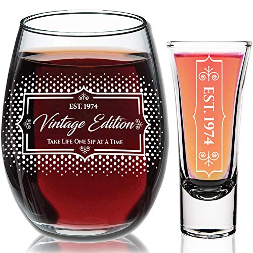 Product Cover 1974 46th Birthday Gifts Under $10 for Women and Men Wine Glass - Funny Vintage Birthday/Anniversary Gift Ideas for Mom, Dad, Husband or Wife - Wine Glasse + Shot Glass for Red or White Wine