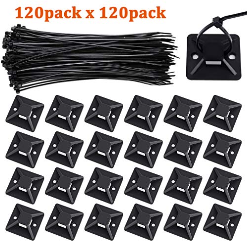 Product Cover Zip Ties and Mounts, Viaky 120 Pcs 8 Inch Self-Locking Nylon Cable Ties with 120 Pcs Adhesive-Backed Mounts Screw Hole Anchor Wire Tie Base(1.1