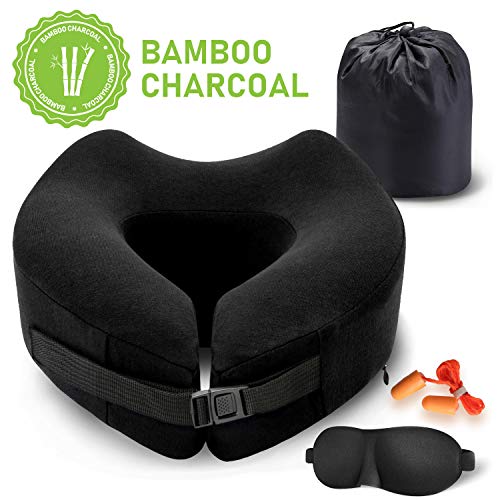 Product Cover Familamb Travel Pillow Memory Foam Neck Pillow with Washable Cotton Cover-Ergonomic Design -Neck Head Chin Support Soft Pillow- Airplane Travel Kit with Bag,Eye Masks and Earplugs Black