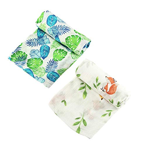 Product Cover Muslin Baby Swaddle Blankets- Large, Ultra-Soft Summer Baby Blanket for Boys- Bamboo Baby Blanket-Stroller Blanket 47x47inch (Tropical & Fox)