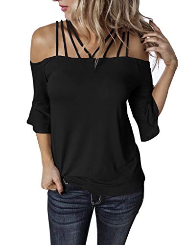 Product Cover Hilltichu Women's Spaghetti Straps Cold Shoulder Tops Half Sleeve Shirt Blouse