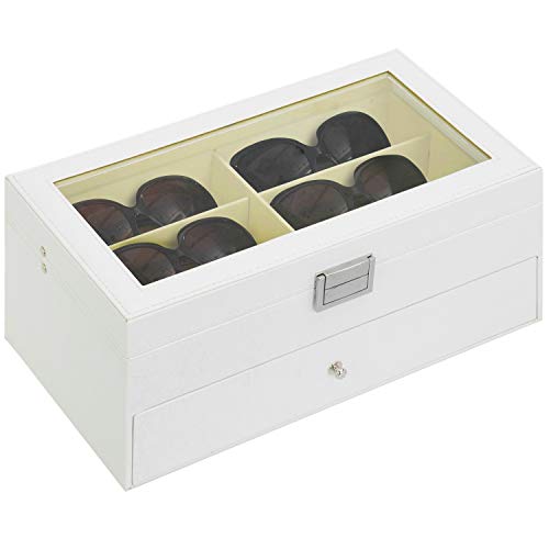 Product Cover MyGift Deluxe White 12-Compartment Sunglasses Display Case with Glass Lid and Leatherette Trim
