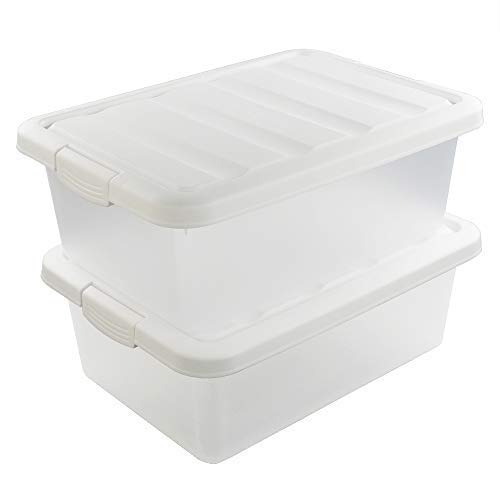 Product Cover Wekiog Versatile Storage Organizer Plastic Bins with Lids, White 2 Packs, 14 Quart.