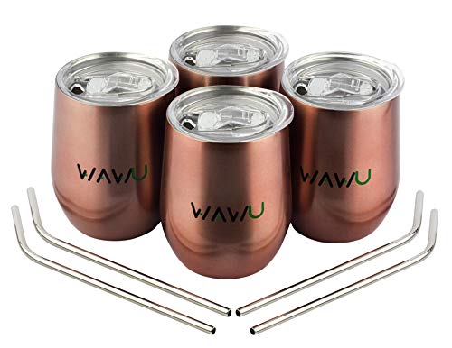 Product Cover 4 Pack Stainless Steel Wine Tumbler - 12oz Insulated Stemless Wine Glass Tumblers with Lids and 4 Straws for Wine, Coffee, Tea, Ice cream, Drinks, Champagne, Cocktails (Copper)