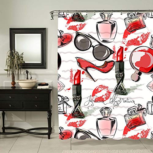 Product Cover MitoVilla Make Up Modern City Shower Curtain for Women and Girls Gifts, Cosmetic Lipstick Perfume Printing Bathroom Decor, Red and Black, 72