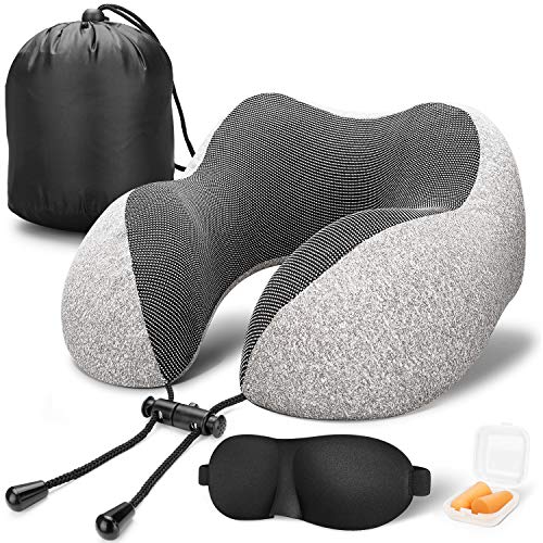 Product Cover MLVOC Travel Pillow 100% Pure Memory Foam Neck Pillow, Comfortable & Breathable Cover, Machine Washable, Airplane Travel Kit with 3D Contoured Eye Masks, Earplugs, and Luxury Bag, Standard, Gray