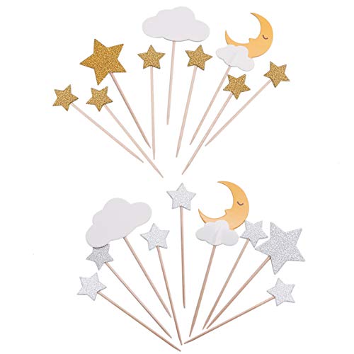 Product Cover WSSROGY 36 Pack Glitter Star Moon Cupcake Toppers Party Picks for Baby Shower Birthday Wedding Christmas Valentine's Day(Gold&Silver)