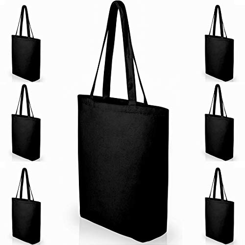 Product Cover Heavy Duty Large Black Canvas Tote Bags with Bottom Gusset for Crafts, Shopping, Groceries, Books, and More! (6 Pack) 15x14x4 Inches
