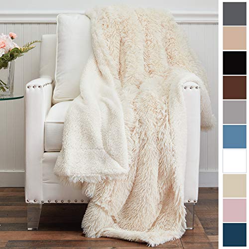 Product Cover The Connecticut Home Company Shag with Sherpa Reversible Throw Blanket, Super Soft, Large Plush Wrinkle Resistant Blankets, Warm and Hypoallergenic Washable Couch or Bed Throws, 65x50, Cream