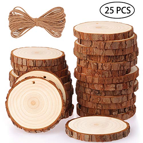 Product Cover Fuyit Natural Wood Slices 25 Pcs 3.1-3.5 Inches Craft Wood Kit Unfinished Predrilled with Hole Wooden Circles Tree Slices for Arts and Crafts Christmas Ornaments DIY Crafts