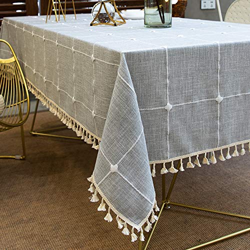 Product Cover TEWENE Tablecloth, Rectangle Table Cloth Cotton Linen Wrinkle Free Anti-Fading Checkered Tablecloths Washable Table Cover for Kitchen Dining Party (Rectangle/Oblong, 55''x86'',6-8 Seats, Grey)