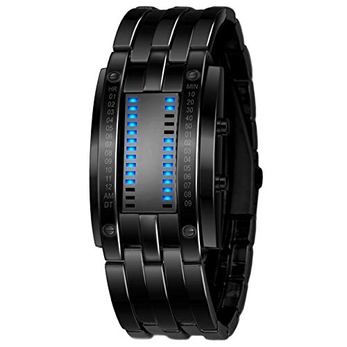Product Cover Classic Mens Binary Matrix Blue LED Digital Waterproof Watch Black Plated Stainless Steel Wrist Watches