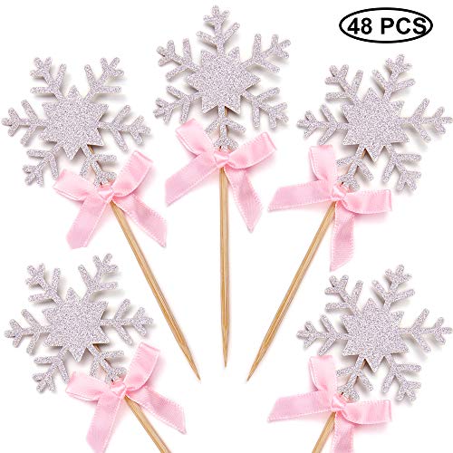Product Cover Set of 48 Silver Glitter Snowflake Cupcake Toppers with Pink Bow Cake Decoration Supplies
